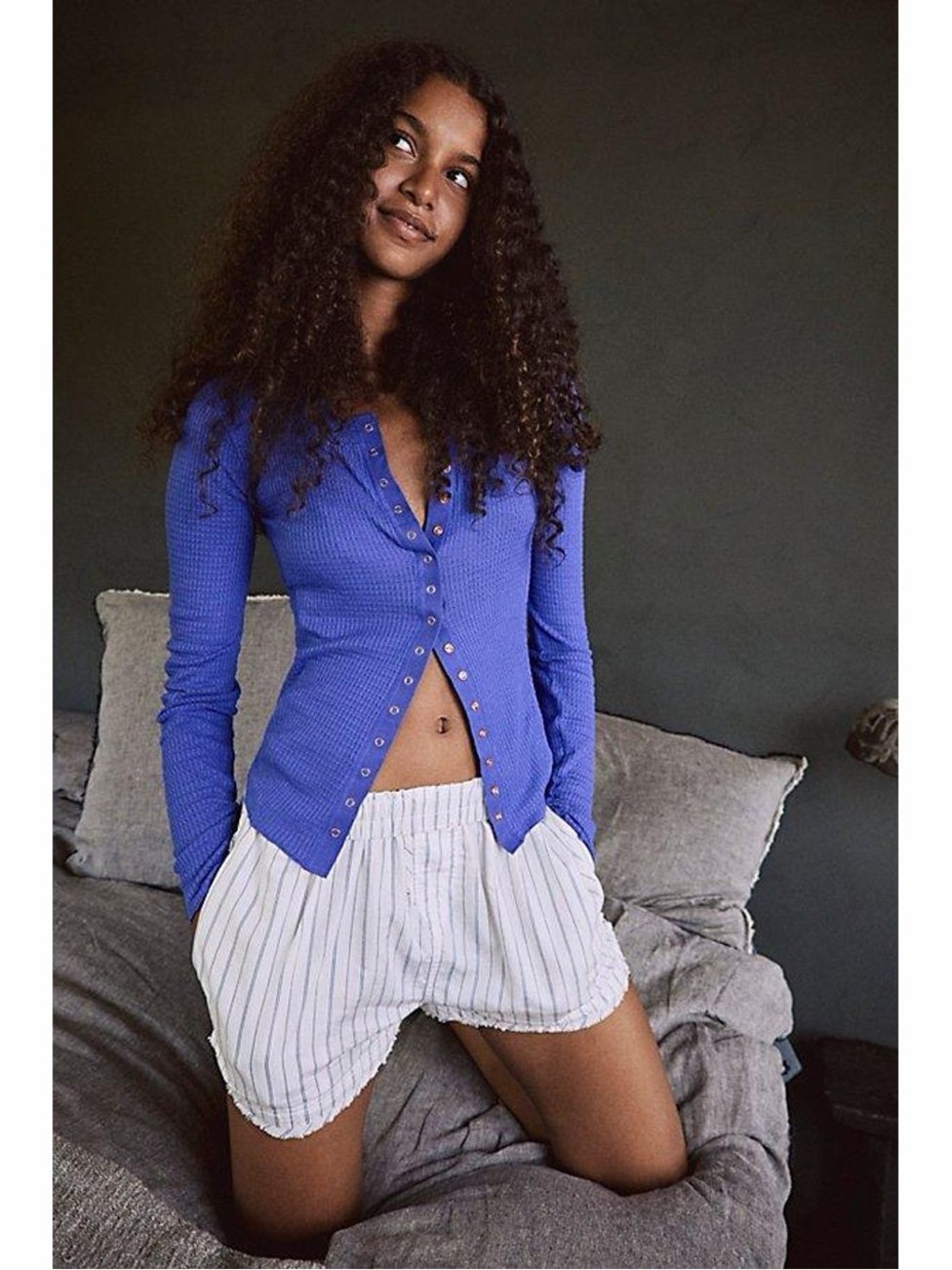 FREE PEOPLE Intimately Going Places Waffle Knit Fitted Blue Cardigan Sweater XS